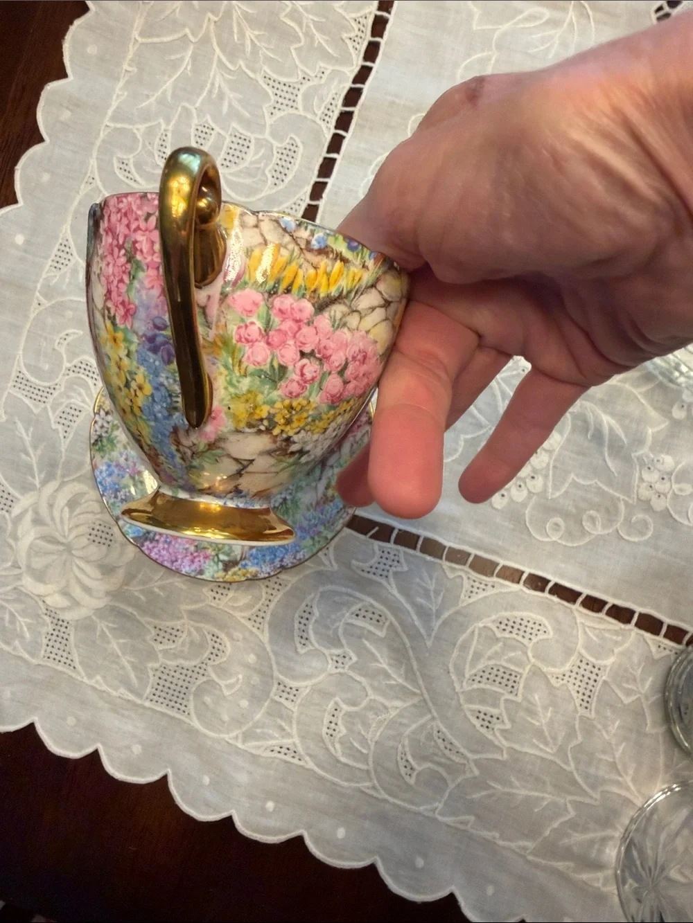 Floral Gold-Trim Porcelain Teacup and Saucer - Pink, Yellow, Blue